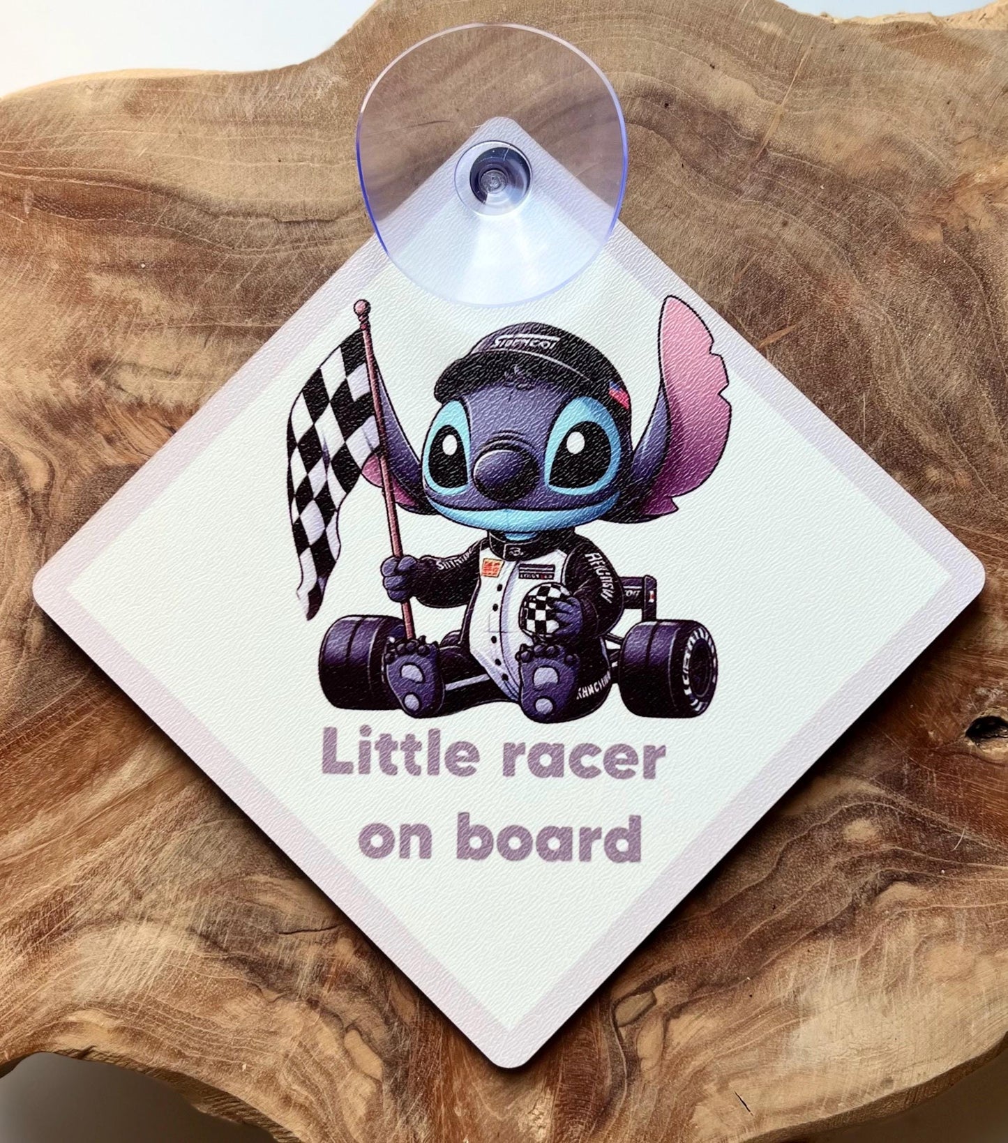Personalized car sign little racer on board with suction cup.