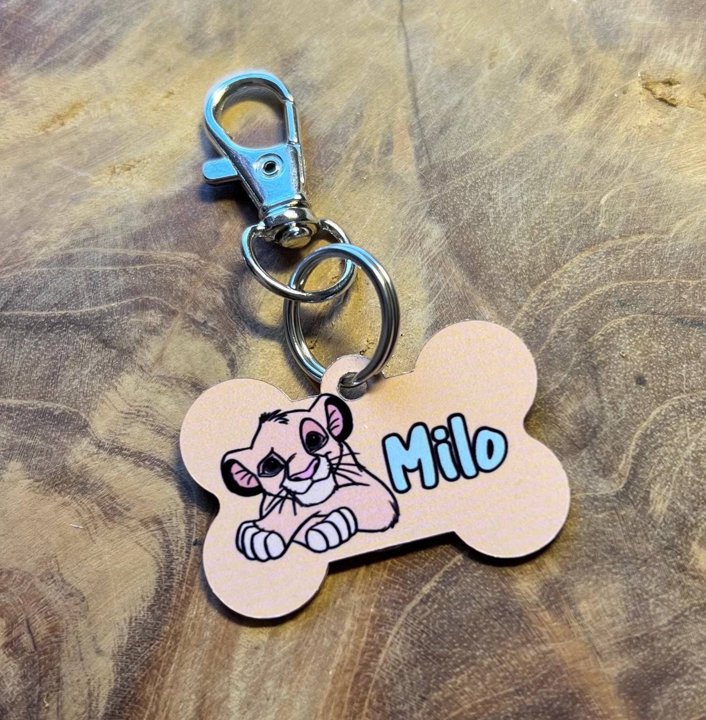Personalized lion dog tag with name and details