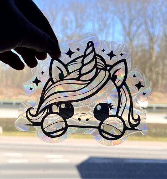 Unicorn suncatcher statisch sticker. Regenboog sticker.