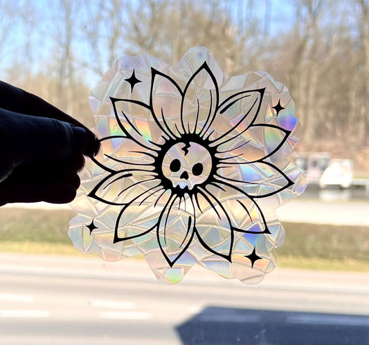 Skull flower suncatcher statisch sticker. Regenboog sticker.