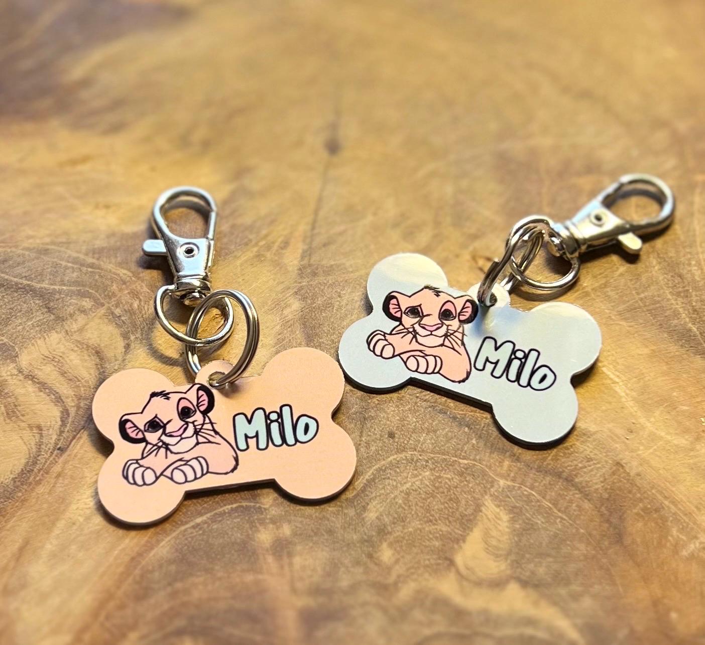 Personalized lion dog tag with name and details