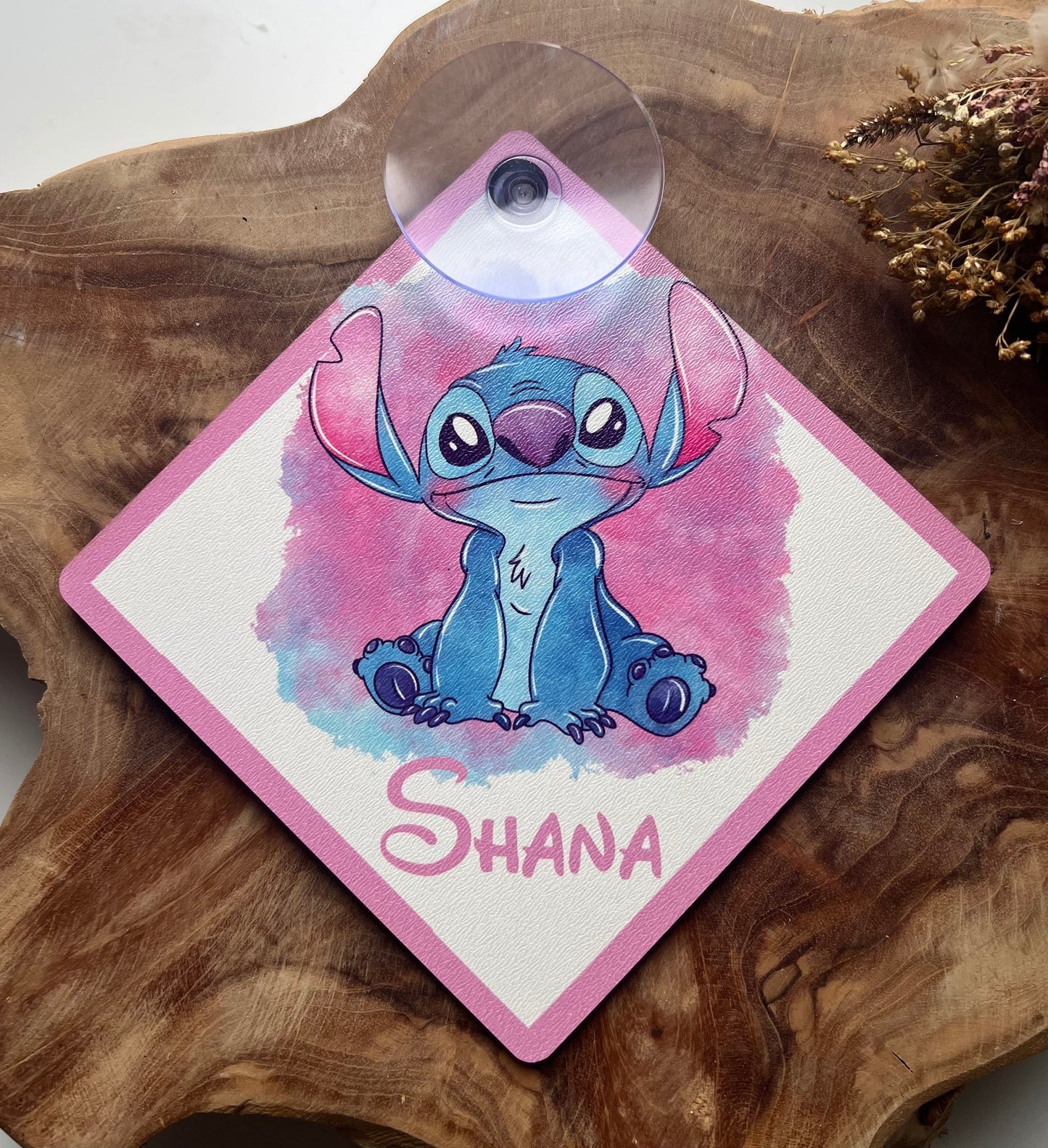 Personalized car sign with suction cup. Custom name and text. Pink or blue.