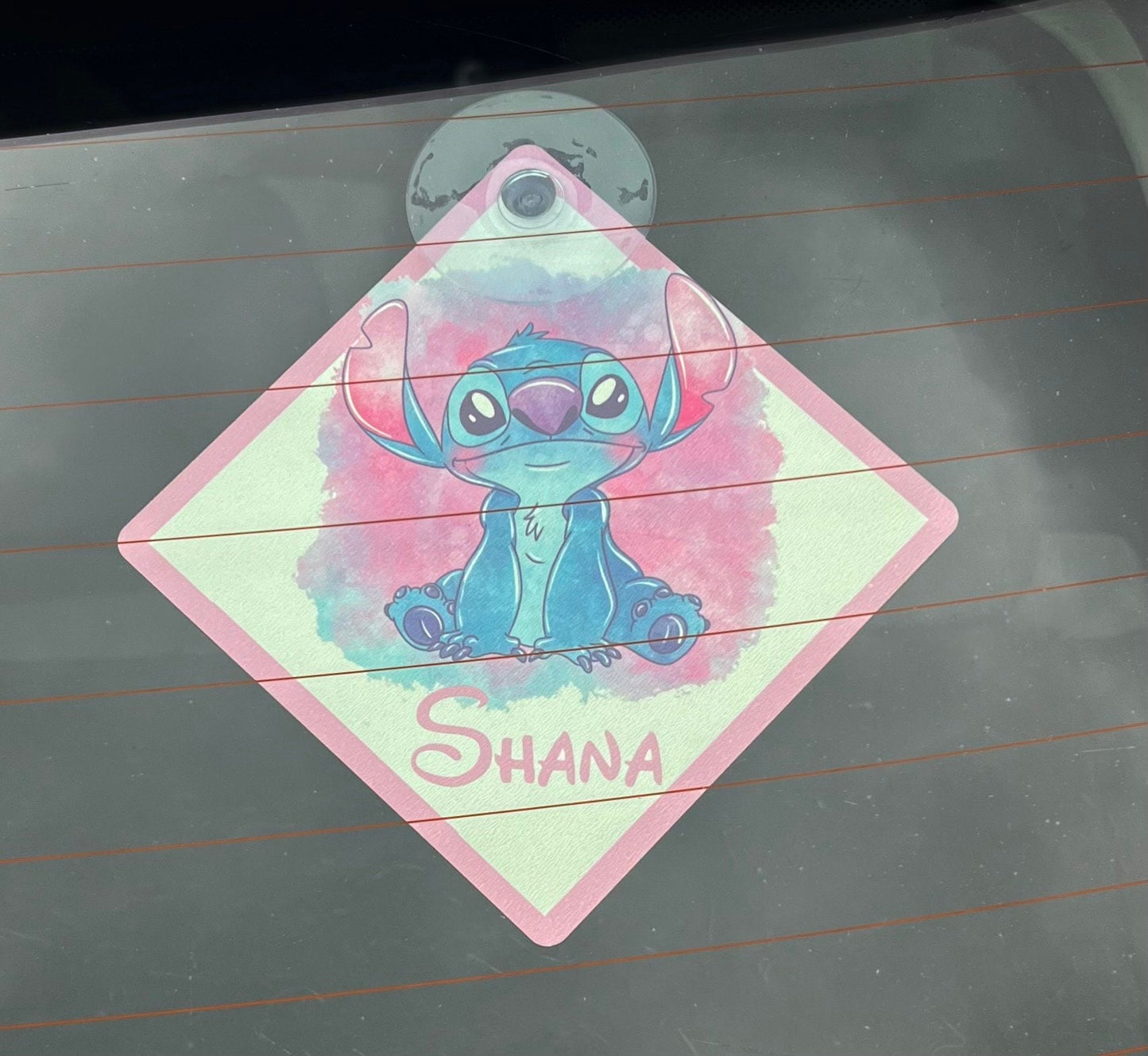 Personalized car sign with suction cup. Custom name and text. Pink or blue.