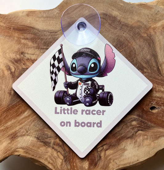 Personalized car sign little racer on board with suction cup.