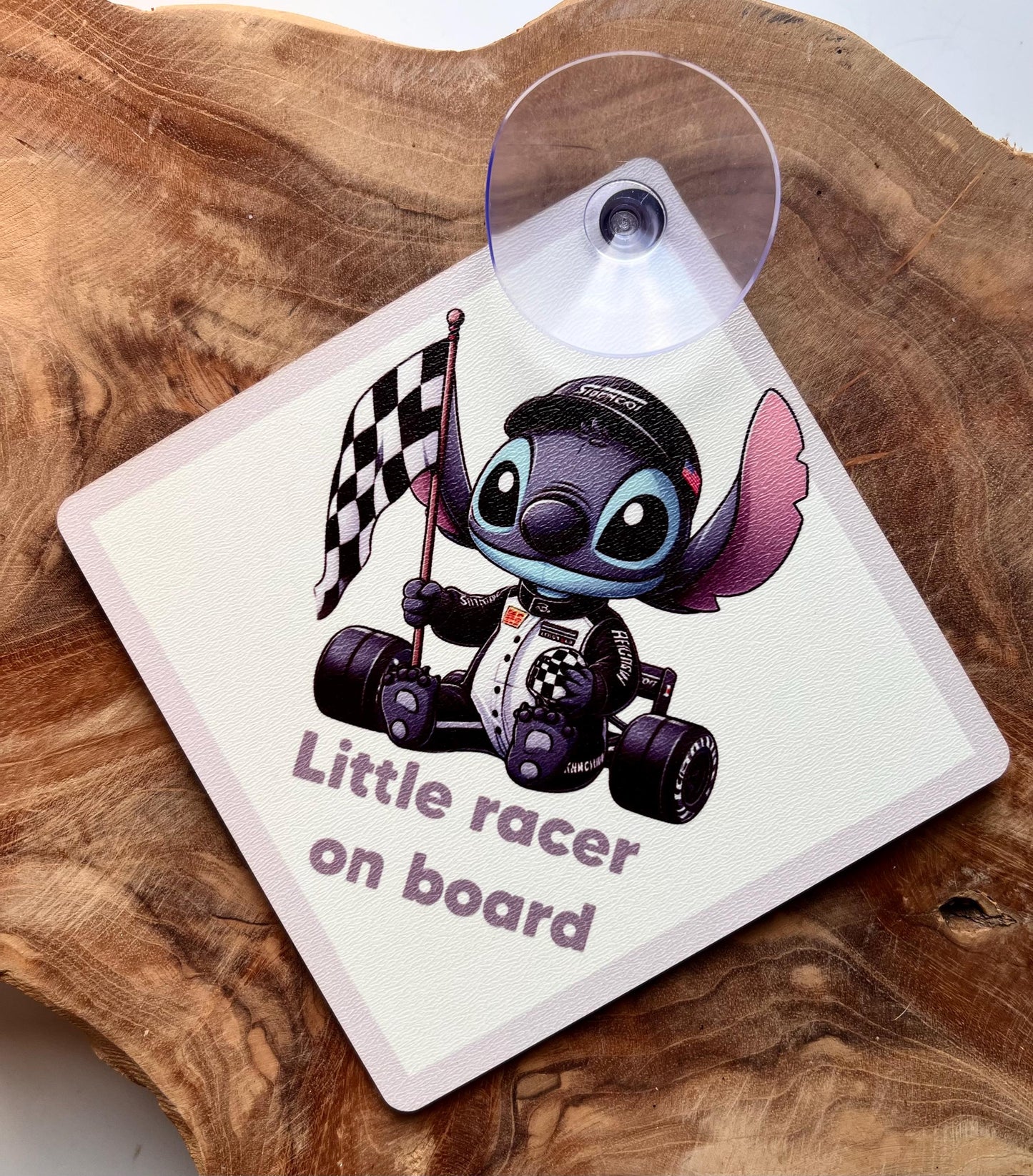 Personalized car sign little racer on board with suction cup.