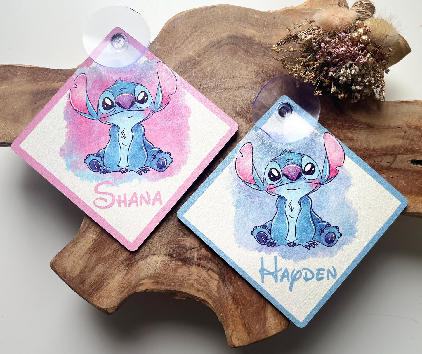 Personalized car sign with suction cup. Custom name and text. Pink or blue.