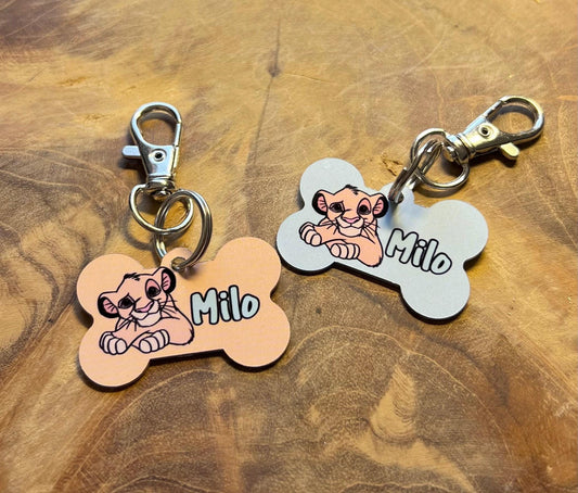 Personalized lion dog tag with name and details
