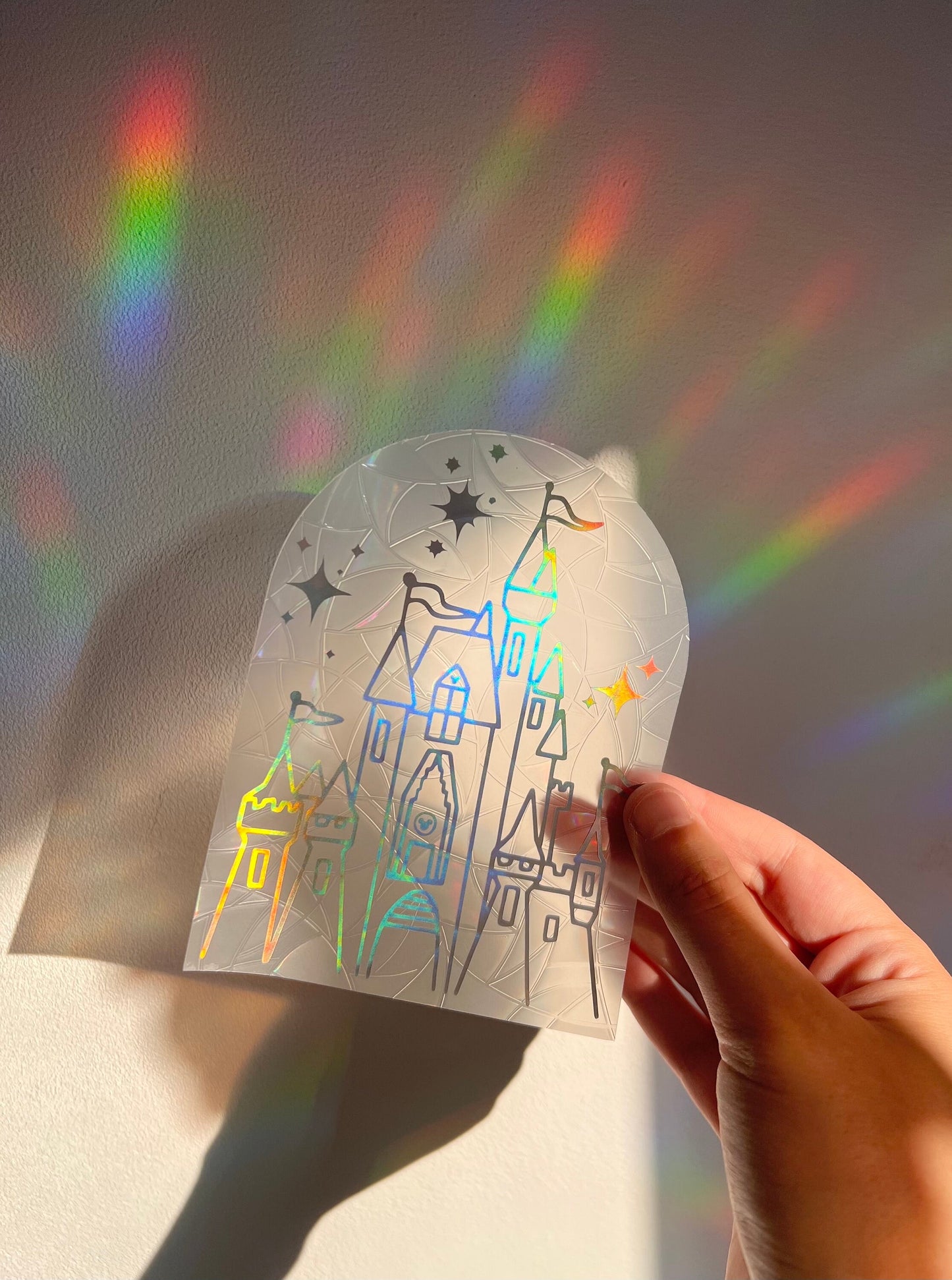 Magic castle suncatcher statisch sticker. Regenboog sticker.