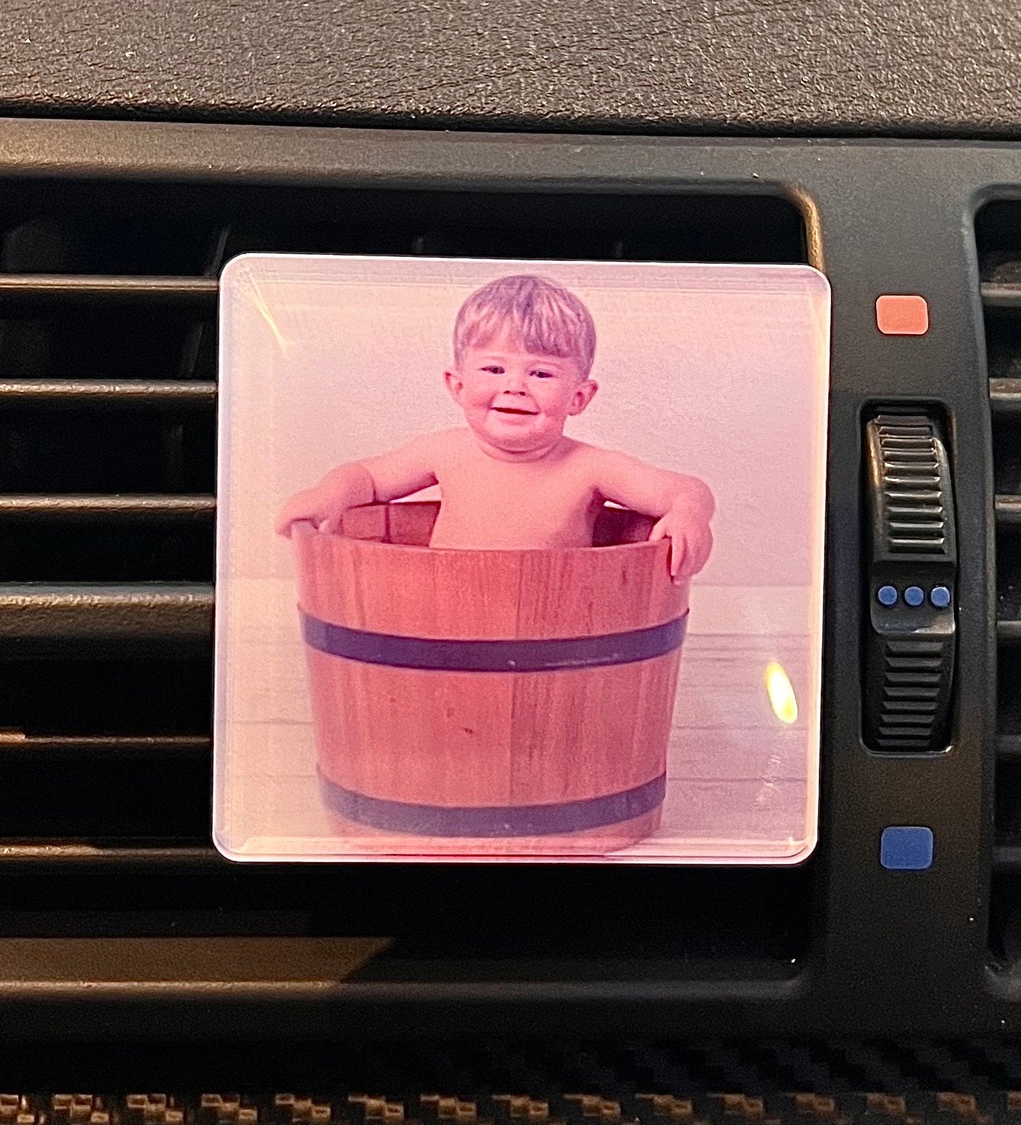 Car air freshener with your own photo with clip and scent.
